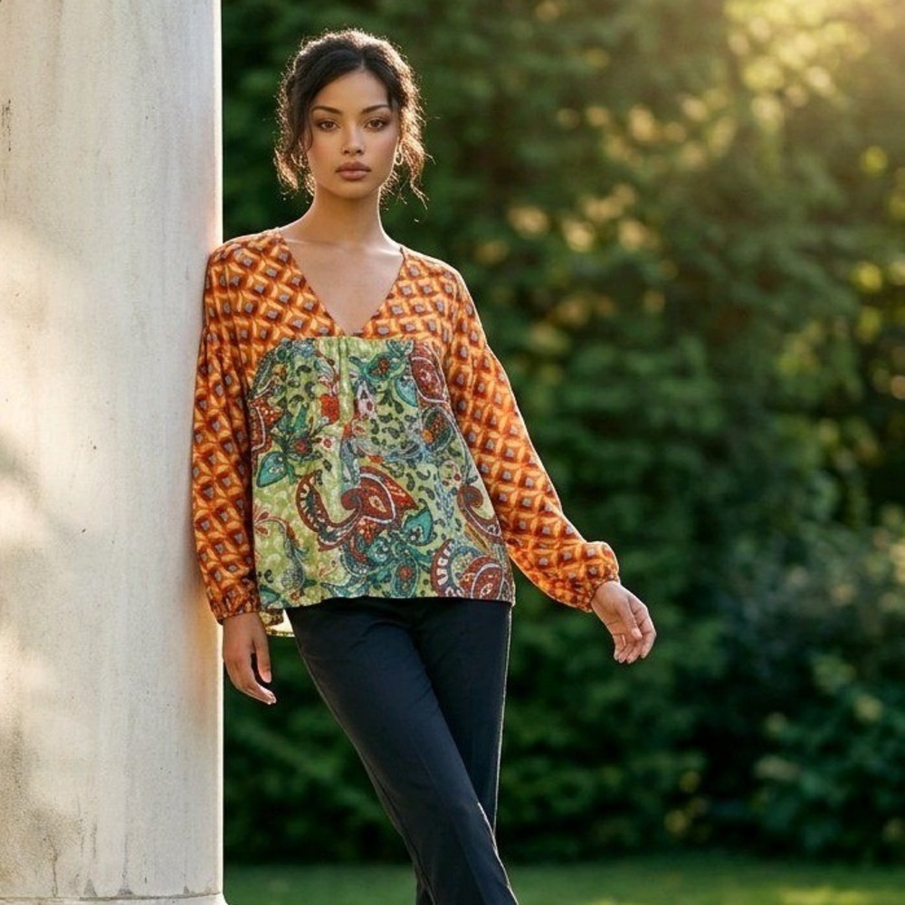 Bucket List Blouse Mixed Print Paisley Geometric Cotton Boho Small